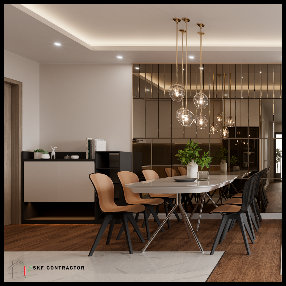 Modern 10-seater dining room with oval table, tan chairs, globe pendant lights, and bronze mirror feature wall.