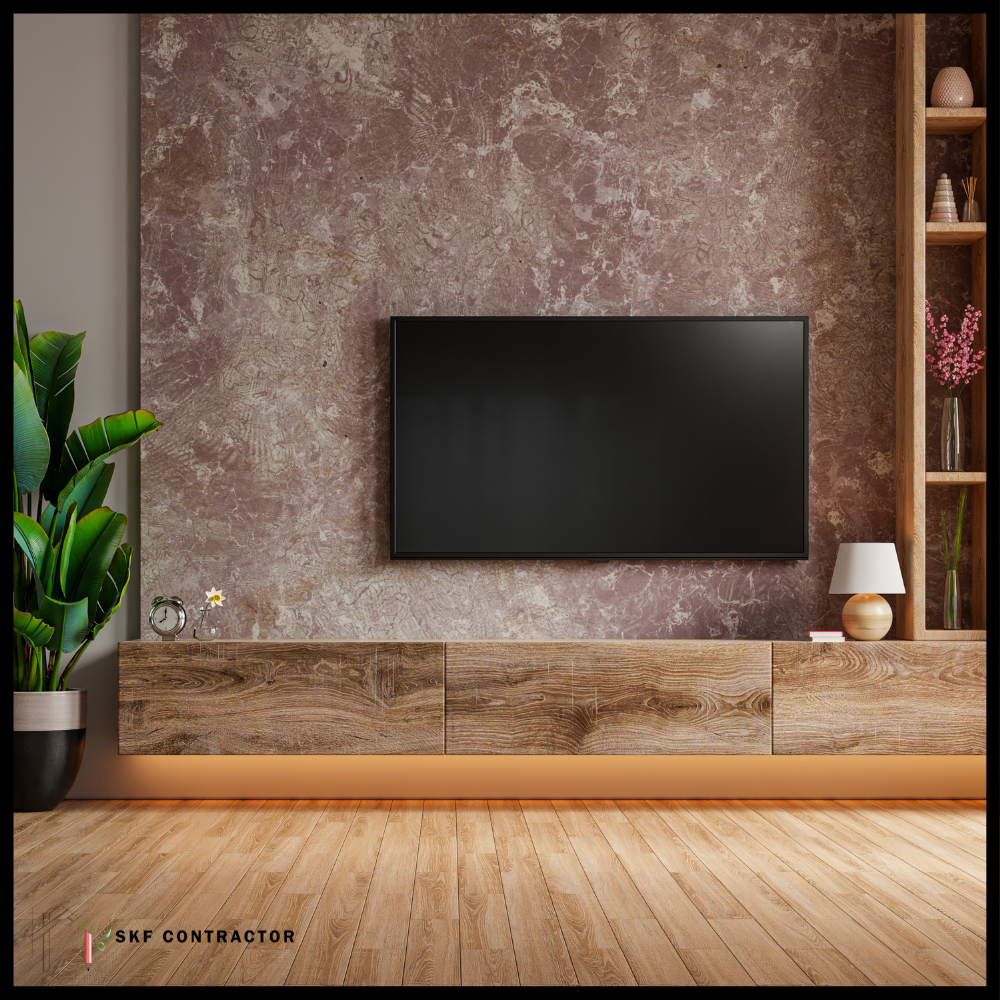 Wooden TV cabinet with textured stone accent wall and side open shelves on wooden flooring.