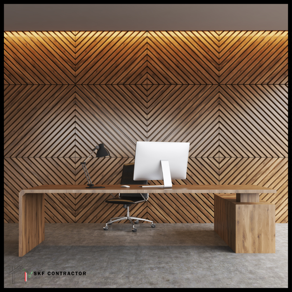 Luxury executive office with geometric wood slat wall, cove lighting, solid wood desk, and iMac monitor.