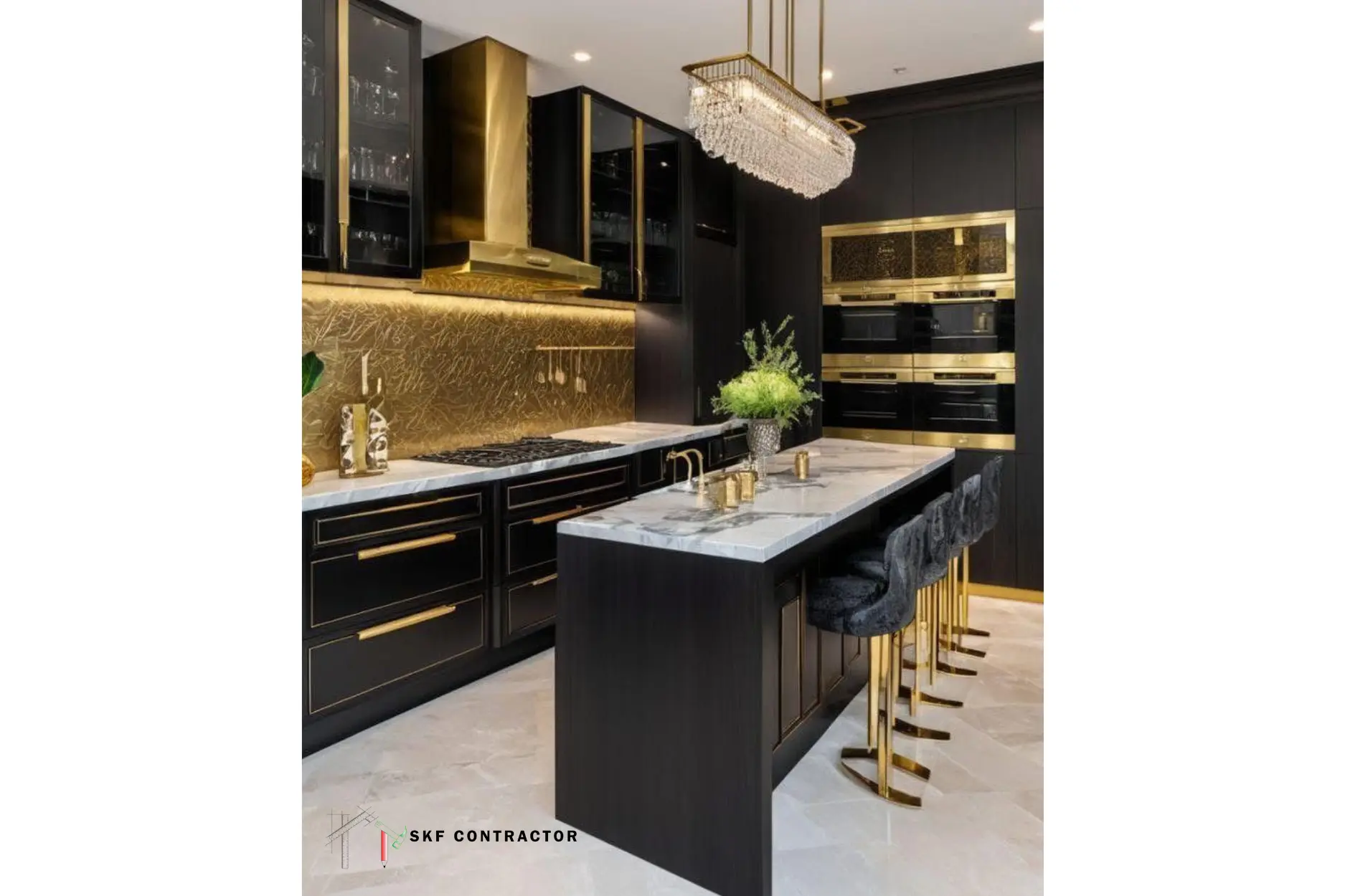 Black and gold kitchen island with brass hood, marble countertop and crystal chandelier