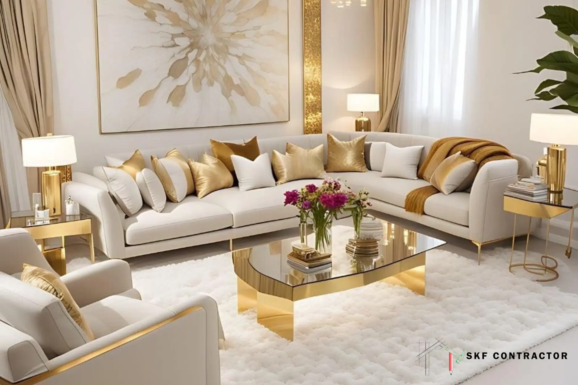 White and gold living room sofa with gold cushions, mirrored coffee table and fluffy rug (Gold Colour Combinations)