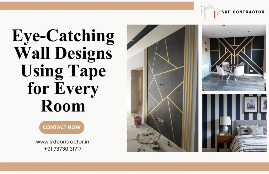 Eye-catching wall designs using tape — geometric gold-line accent wall, gold geometric wallpaper in a dining nook, and navy-and-white striped bedroom wall