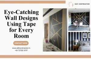 Eye-catching wall designs using tape — geometric gold-line accent wall, gold geometric wallpaper in a dining nook, and navy-and-white striped bedroom wall